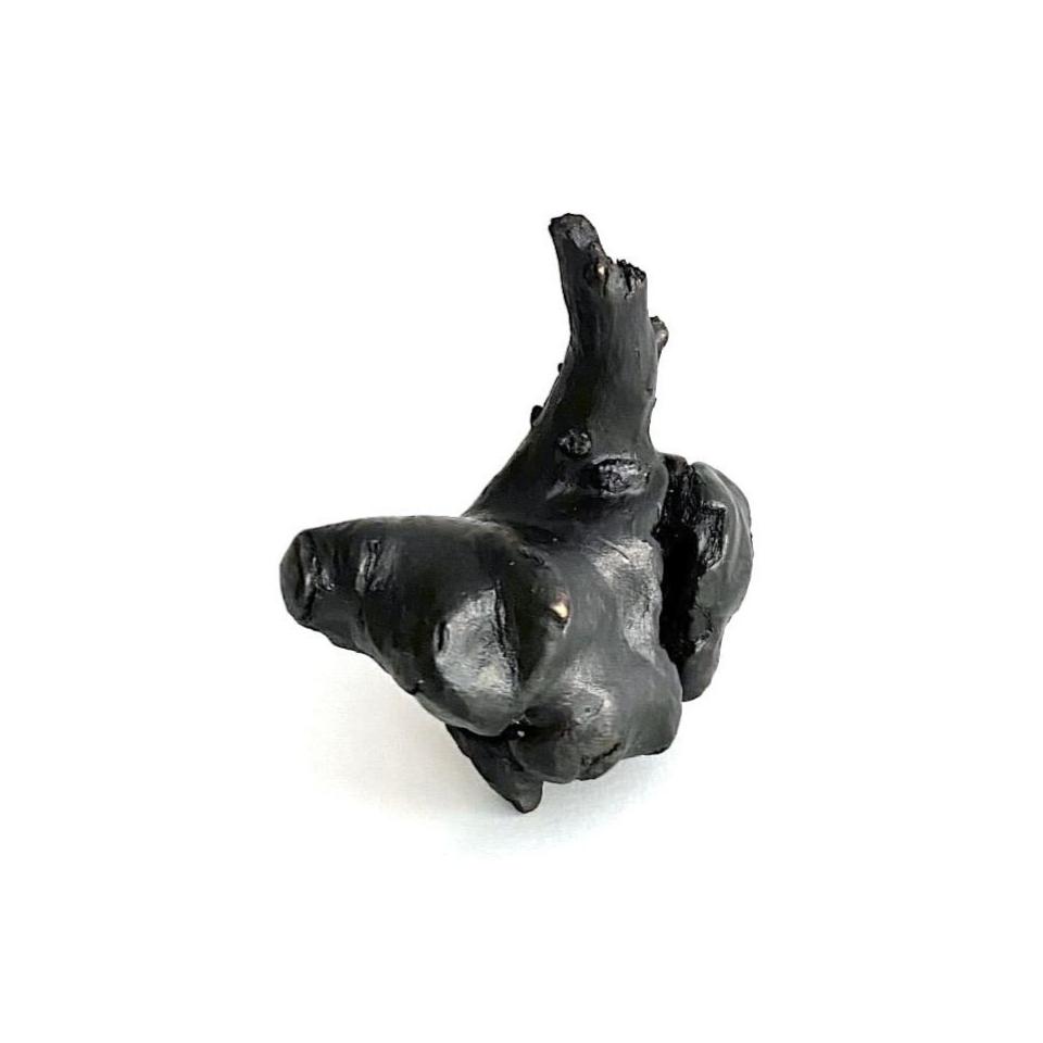 Broche noire taillée dans du bois brulé texturé aux noeuds apparents.