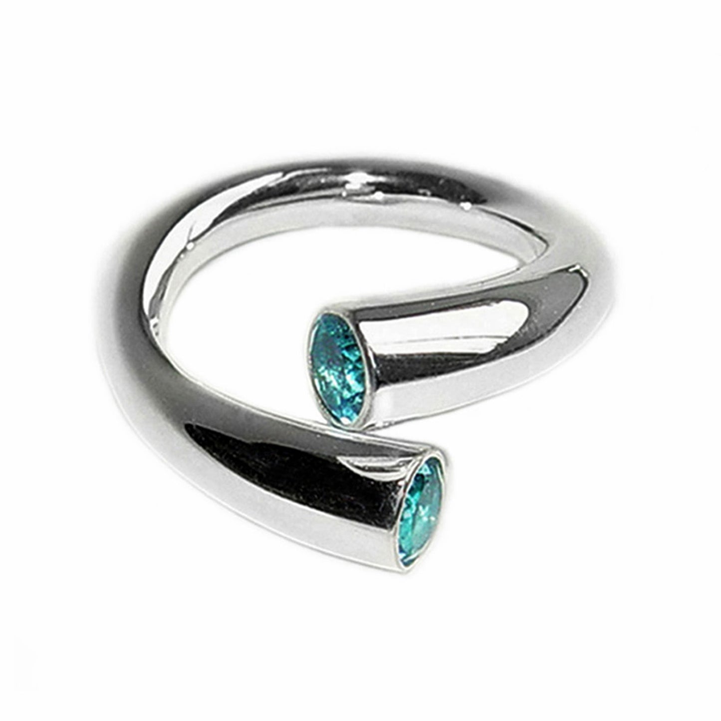 Silver wavy ring with 2 blue topazes