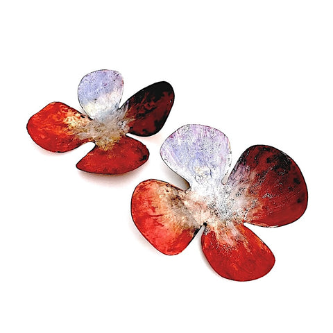 Boucles d'oreilles fleurs XL à 4 pétales orange et mauve.