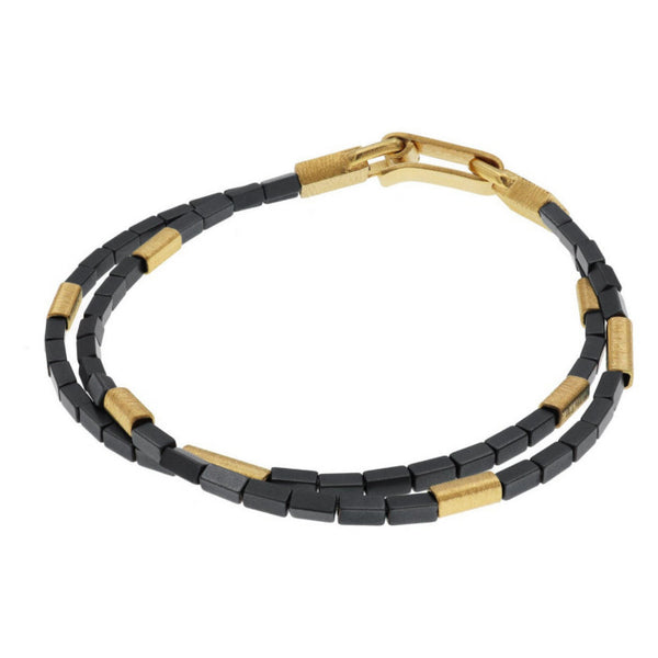 Bracelet double rangs perles d'hématites rectangulaires grises et perles argent doré