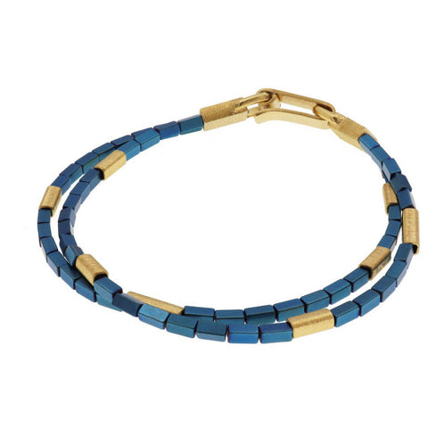 bracelet-deux-rangs-perles-hematites-bleues canard-perles-dorees