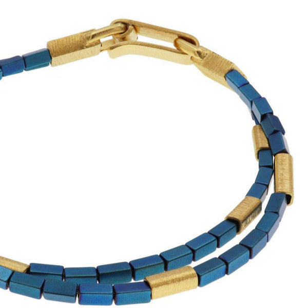 Bracelet double rangs perles hématites rectangulaires bleu canard, perles et fermoir argent doré